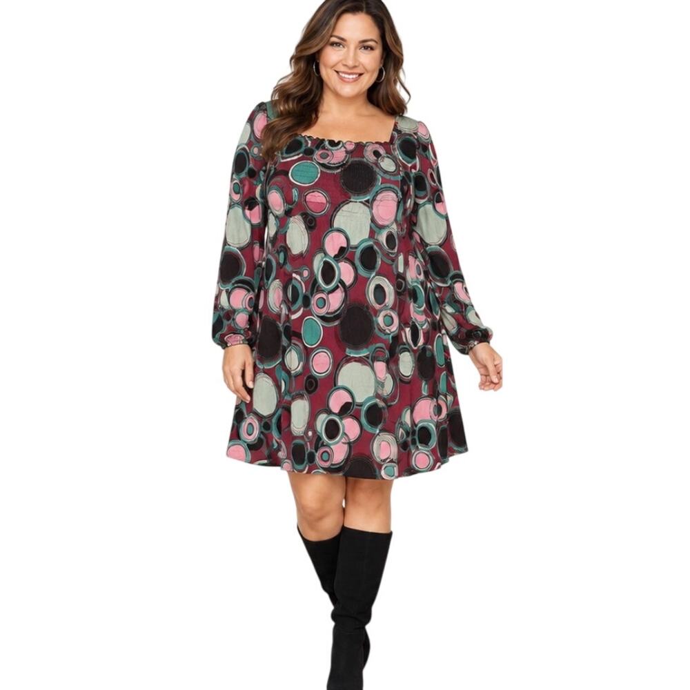 Bisou Bisou Abstract Print Smocked Knit Dress, Burgundy Green Pink, Size XL